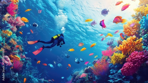 Fototapeta Naklejka Na Ścianę i Meble -  A scuba diver explores a coral reef, surrounded by colorful fish