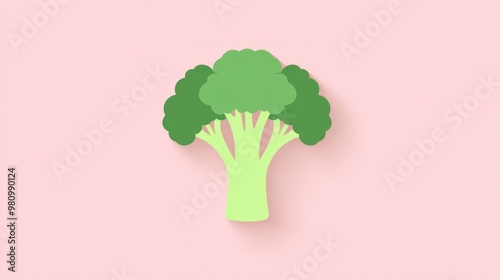 A simple, flat design of a bright green broccoli icon placed on a soft pastel pink background.