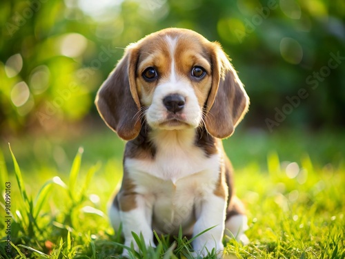 Small, fluffy beagle puppy with floppy ears and big brown eyes sits on a patch of green grass,