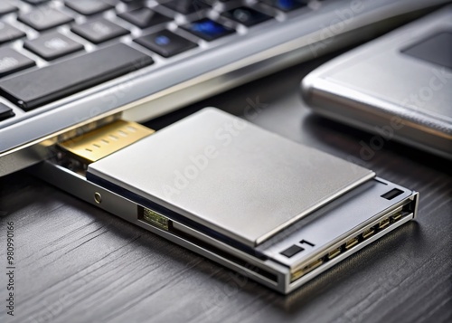 Small, sleek, silver compact flash memory card inserted into a laptop's card reader, with a blurred background of
