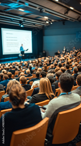 Businessman giving a presentation to a large group of professionals in a modern conference hall photo