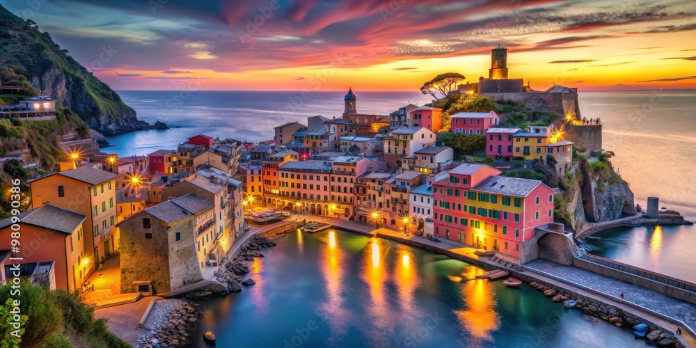 Naklejka premium Vernazza, Italy at sunset with colorful sky and street lights , Vernazza, Cinque Terre, Italy, Mediterranean, sea town