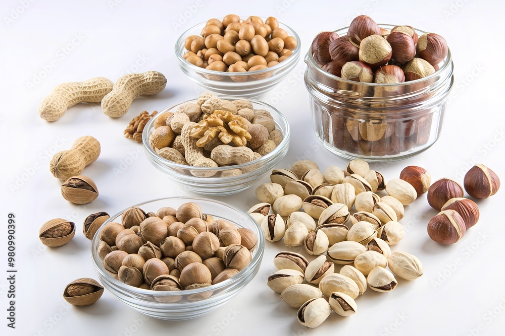 Peanuts, walnuts, pistachios and hazelnuts in glass bowls and in a jar on a white background Peanuts, walnuts, pistachios and hazelnuts in glass bowls and in a jar on a white background