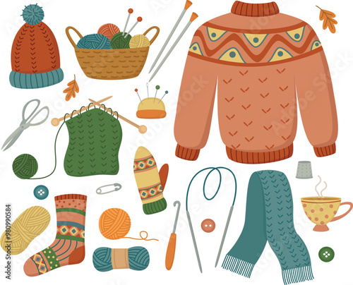 Collection of hand drawn knitting tools and knitted clothes. Hand drawn hobby concept	 