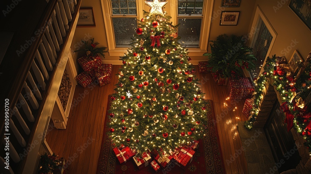 Overhead view of a Christmas tree adorned with ornaments, presents, and a glowing star topper