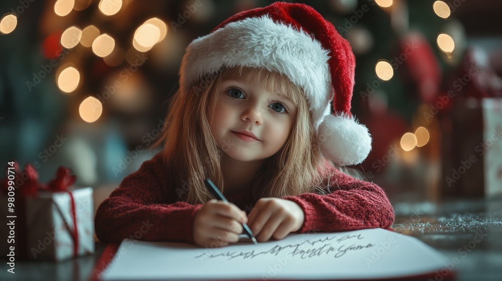 Intimate portrait of a child writing a letter to Santa, expressing their holiday wishes Intimate portrait of a child writing a letter to Santa, expressing their holiday wishes