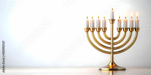 3D Icon of Minimalist White Background with Glowing Menorah and Hanukkah Candles Silhouette for Elegant Promotional Needs