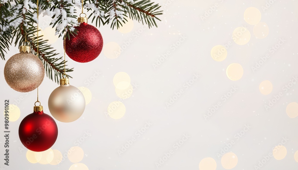 Fototapeta premium A minimalist holiday scene with red and gold ornaments hanging from snowy evergreen branches, set against a softly glowing background of festive lights.