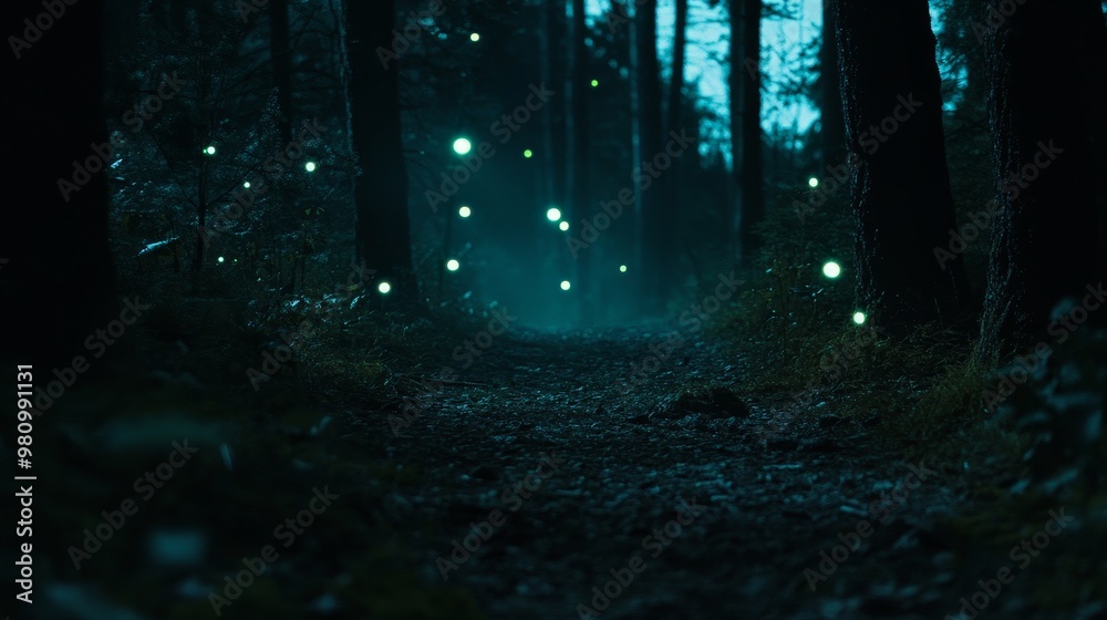 Fototapeta premium Fairy tale forest landscape with glowing lights
