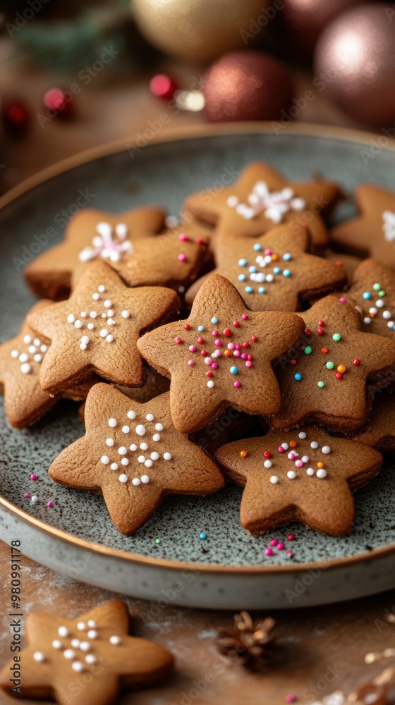 Vertical composition of a plate of freshly baked gingerbread cookies, adorned with festive icing and sprinkles Vertical composition of a plate of freshly baked gingerbread cookies, adorned with festive icing and sprinkles