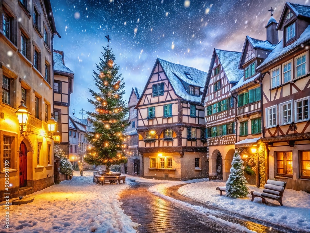 Naklejka premium Snowflakes gently fall on half-timbered buildings and cobblestone streets, illuminating festive holiday decorations and