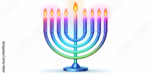 Flat Macro Illustration of a Futuristic Hanukkah Candle with Glowing LED Wick in Vibrant Neon Colors - A Modern Take on a Traditional Holiday Symbol