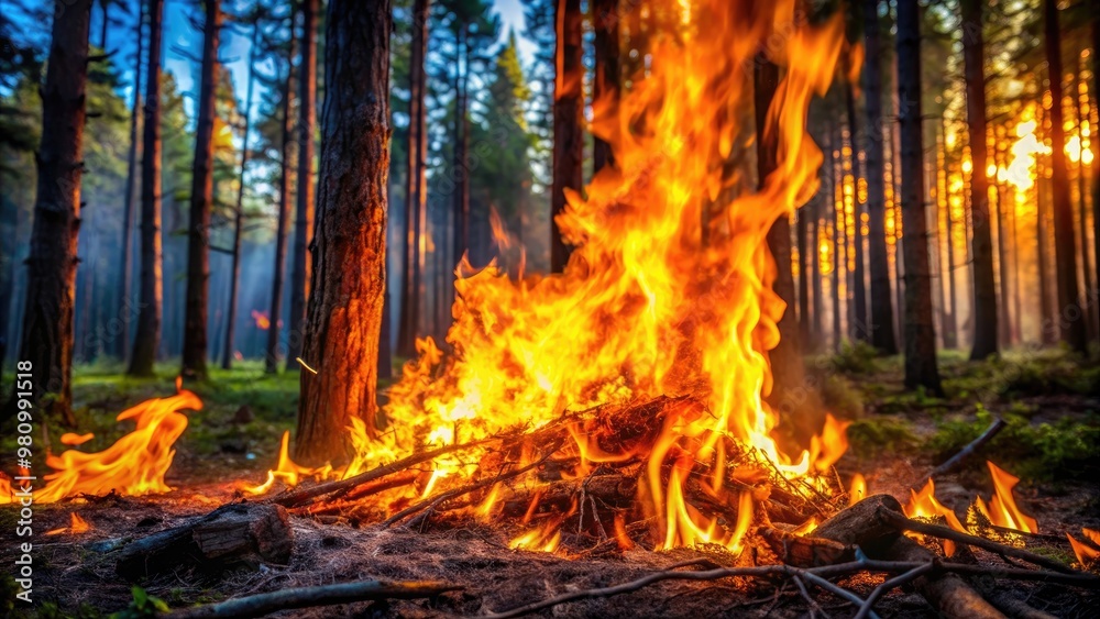 A vibrant and intense fire blazing in a dense forest , wildfire, flames, forest fire, burning, destruction A vibrant and intense fire blazing in a dense forest , wildfire, flames, forest fire, burning, destruction