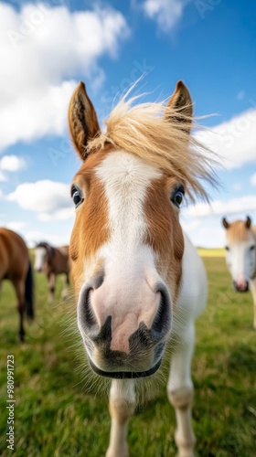 A playful herd of ponies grazing in the meadow, with one pony making eye contact with the camera, reflecting the joy of life on a sunny countryside day.