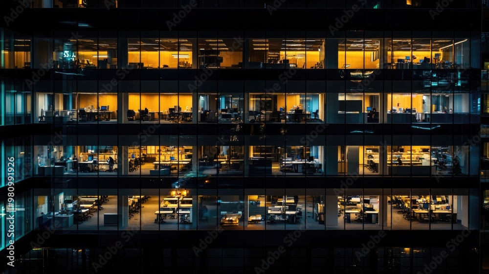 An office building at night with lights on An office building at night with lights on