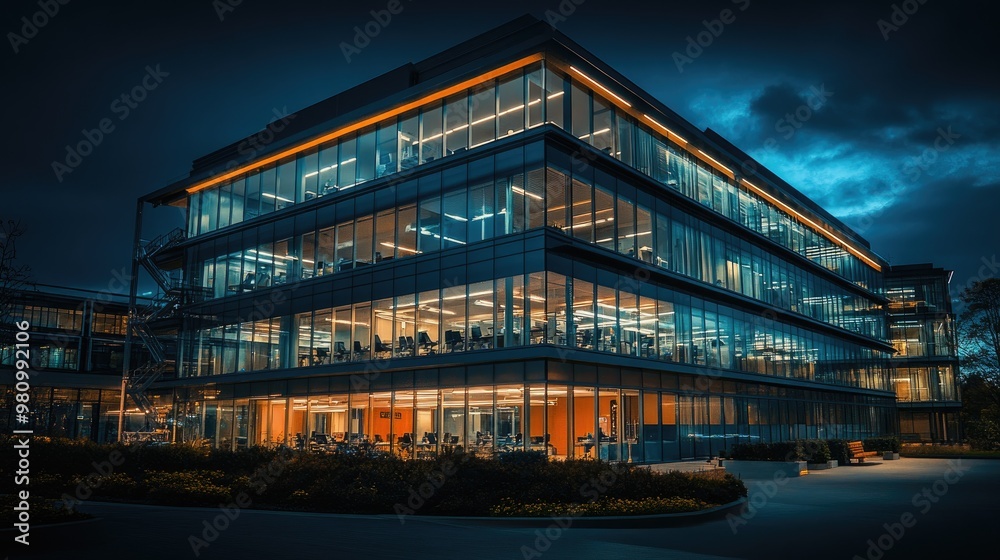 Obraz premium An office building at night with lights on