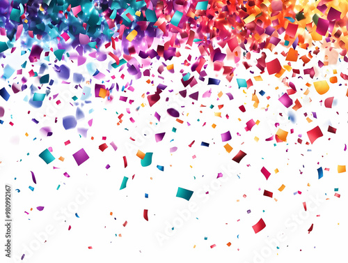 Flat Holographic Confetti Burst: Wide Shot of Shimmering Multicolored Confetti on White Background with Copy Space - Vector Illustration for Business Use