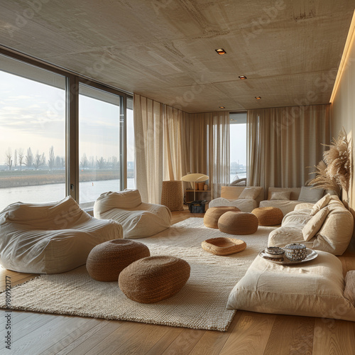 A modern minimalist apartment living room featuring serene atmosphere with wooden floors, soft beige tones, and cozy seating arrangements. large windows offer beautiful view of outdoors, enhancing tra photo