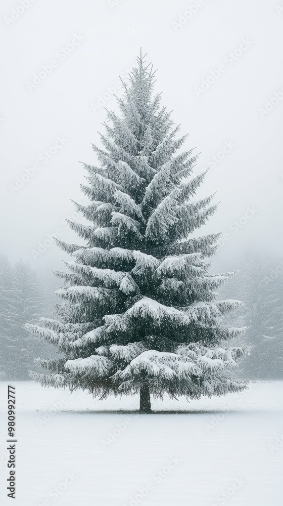 Fototapeta premium Wintry landscape with a snow-covered pine tree, perfect for adding holiday messaging