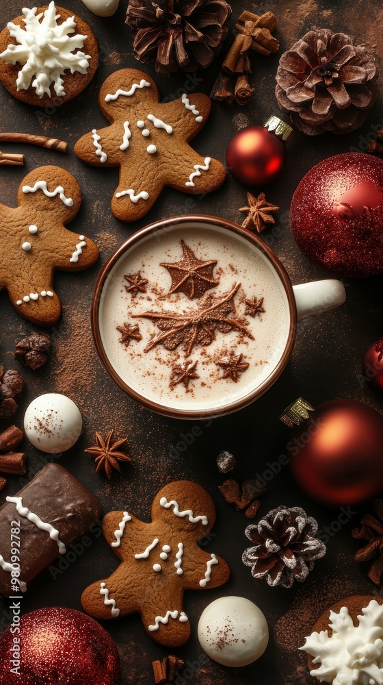 Festive Flat Lay of Gingerbread Cookies, Hot Chocolate, and Holiday Decorations for Christmas Celebration