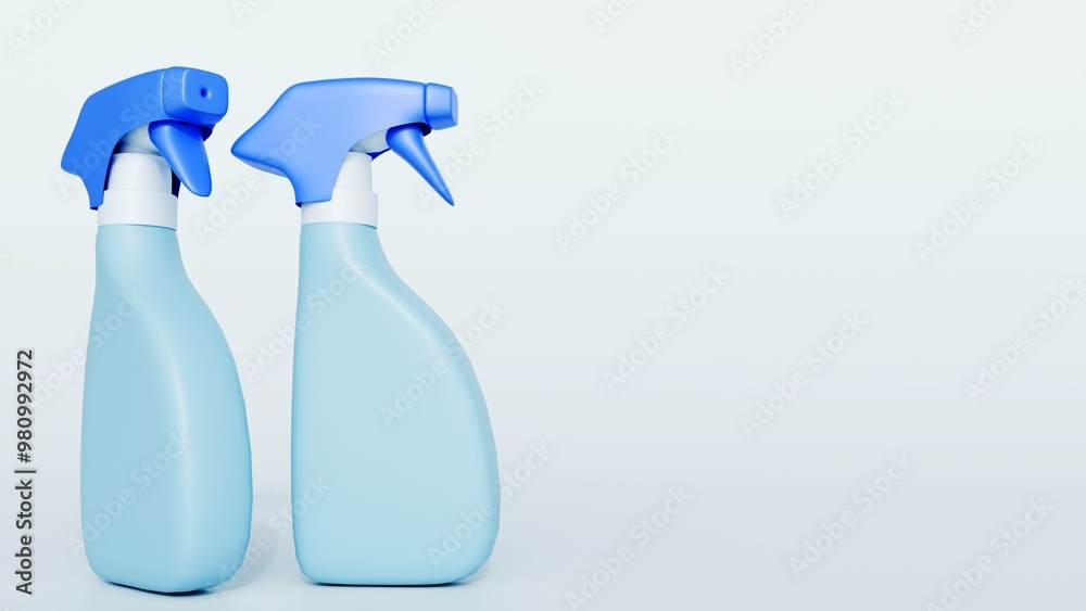 3d rendering of sprayer bottle isolated in the blue background. The bottles have a light blue body and a blue spray nozzle. 3d rendering of sprayer bottle isolated in the blue background. The bottles have a light blue body and a blue spray nozzle.