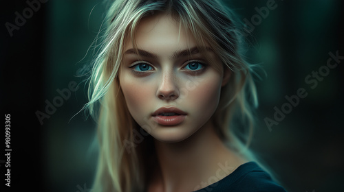 Sensual portrait of young blonde woman with blue eyes on dark background