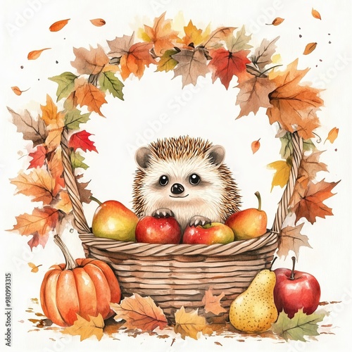 Cute hedgehog with apples, pears, basket, autumn leaves, compositions, harvest, woodland animal