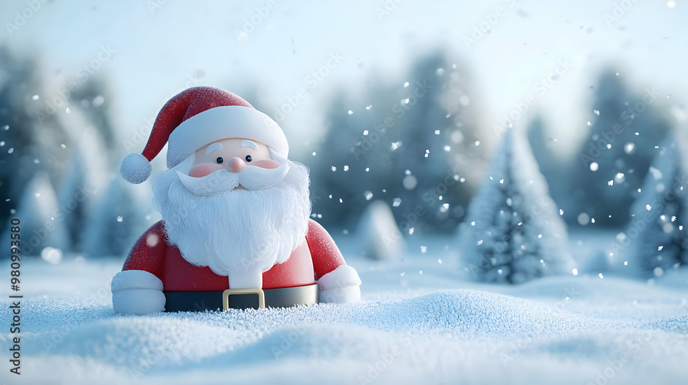 3D Santa�s Winter Landscape Background: Scenic Snowy Scene with Santa, Glossy Snow, Trees, and Zoom-Out Space for Text on White Background 3D Santa�s Winter Landscape Background: Scenic Snowy Scene with Santa, Glossy Snow, Trees, and Zoom-Out Space for Text on White Background