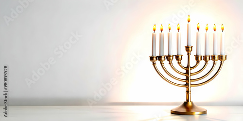 3D Minimalist White Background with Glowing Menorah Silhouette and Hanukkah Candles � Elegant, Copy Space for Promotions