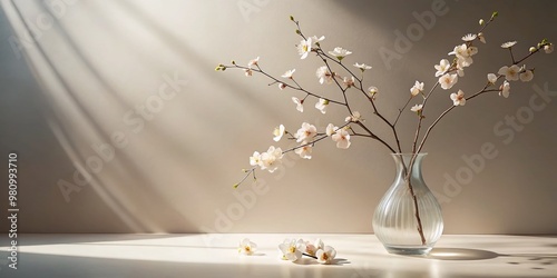 Softly lit, minimalist background features a gentle, natural still life arrangement of unfolding petals and delicate, photo