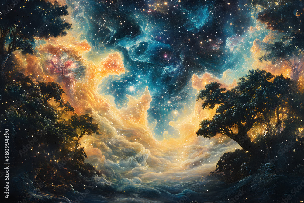 Fototapeta premium Celestial tapestry, woven with stardust and nebulae, shimmering with cosmic energy