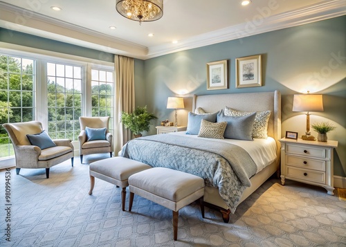 Soothing blue walls envelop a serene bedroom featuring cream-colored furniture, plush carpet, and subtle patterns, photo