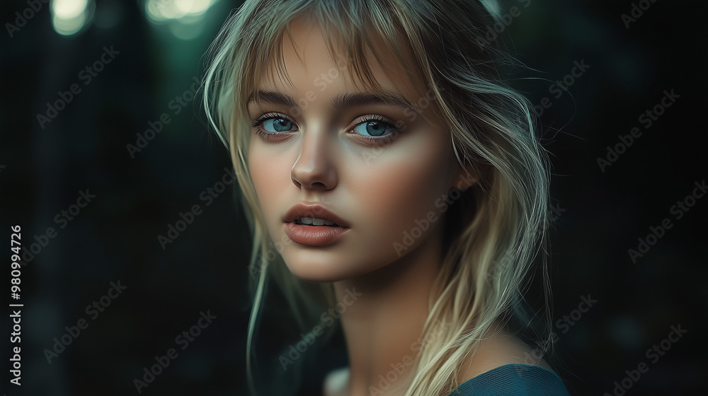 Naklejka premium Beautiful blonde woman outdoor portrait on evening light