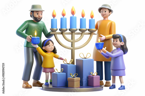 3D Candid Shot of Family Joyfully Decorating for Hanukkah: Capturing Fun Moments and Creative Holiday Spirit photo