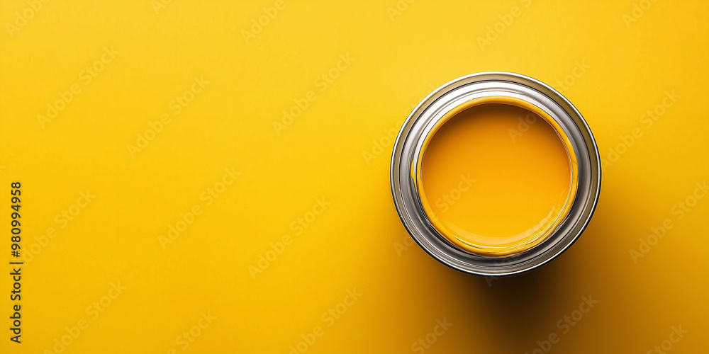 Open Paint Can On Vibrant Yellow Background, Ready For Home Improvement, Repair And Renovation Concept Open Paint Can On Vibrant Yellow Background, Ready For Home Improvement, Repair And Renovation Concept
