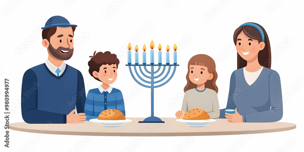 Flat Family Enjoying Hanukkah Meal Together: Candid Dining Moment Highlighting Connection, Warmth, and Festive Joy in Simple Vector Illustration Flat Family Enjoying Hanukkah Meal Together: Candid Dining Moment Highlighting Connection, Warmth, and Festive Joy in Simple Vector Illustration
