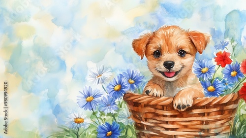 Adorable puppy sitting in a wicker basket with daisies, watercolor painting, nature background, cute pet illustration, springtime concept