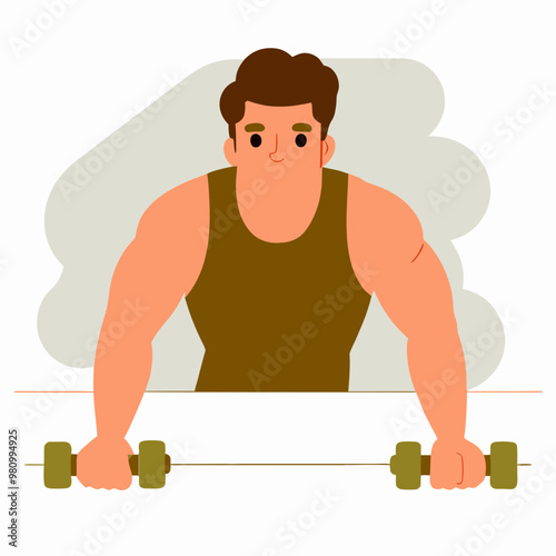A man is lifting weights with dumbbells. He is smiling and he is enjoying himself