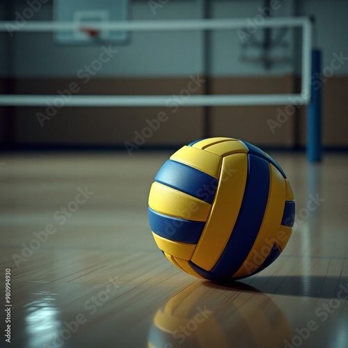 A volleyball ball is lying in empty gym on a gray background, no people, sport lifestyle, school gym