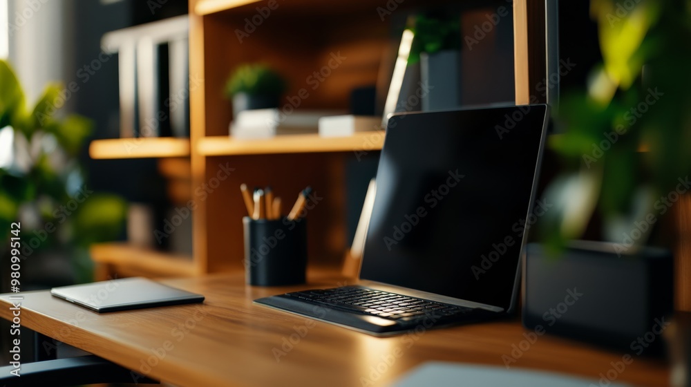 Modern home office setup with a laptop, notebooks, and plants on a wooden desk. Cosy and stylish workspace ideal for productivity and creativity. Modern home office setup with a laptop, notebooks, and plants on a wooden desk. Cosy and stylish workspace ideal for productivity and creativity.