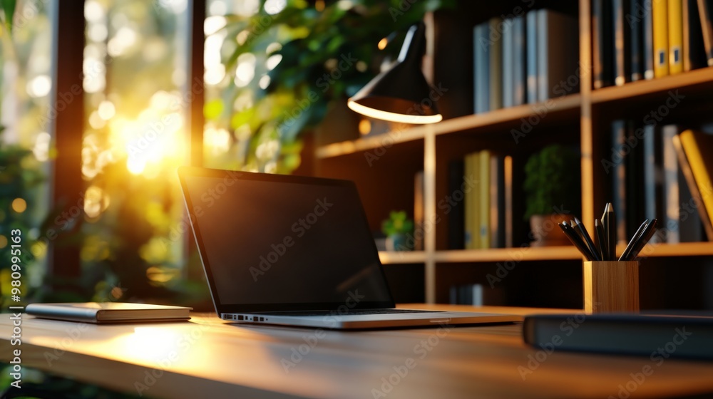 Modern home office with a laptop on a wooden desk, bookshelves, and natural light shining through large windows creating a warm atmosphere. Modern home office with a laptop on a wooden desk, bookshelves, and natural light shining through large windows creating a warm atmosphere.