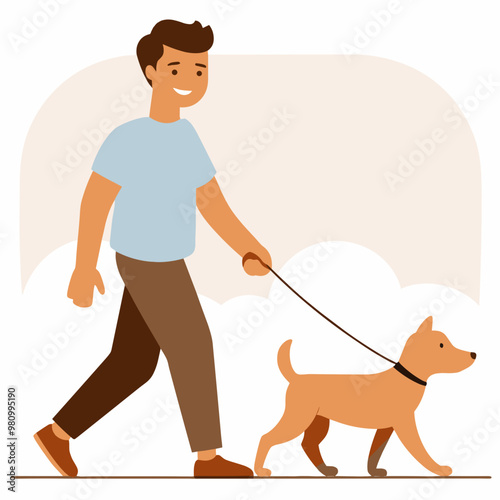 A man is walking his dog on a leash. The dog is brown and he is happy. The man is smiling and seems to be enjoying the walk with his pet