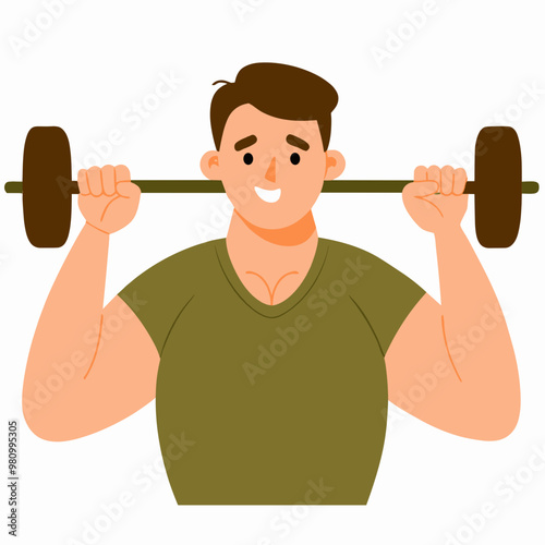 A man is lifting a dumbbell in a cartoonish style. He is smiling and he is enjoying himself