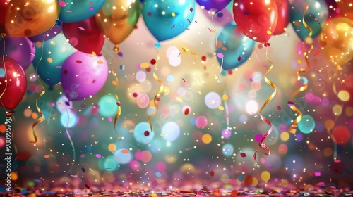 This cheerful celebration background features a burst of bright confetti, colorful balloons, and festive streamers.