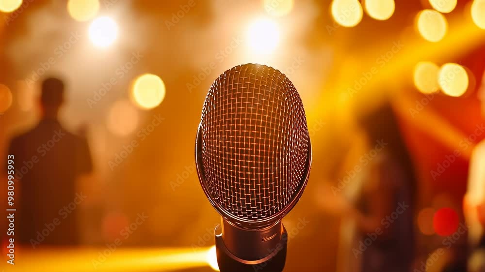 A close-up of a microphone on stage, with a blurred crowd in the background. The scene is lit with bright, warm stage lights, creating a lively and energetic concert atmosphere.
