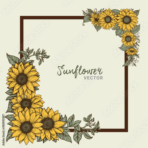 Hand drawn sunflower corner border design Vector