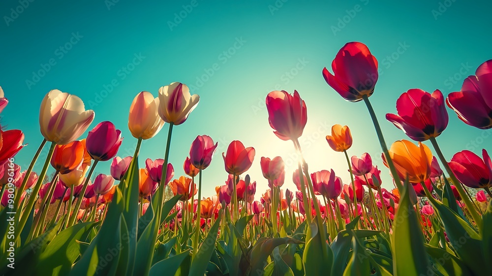 Fototapeta premium A vibrant field of tulips swaying under the blue sky 