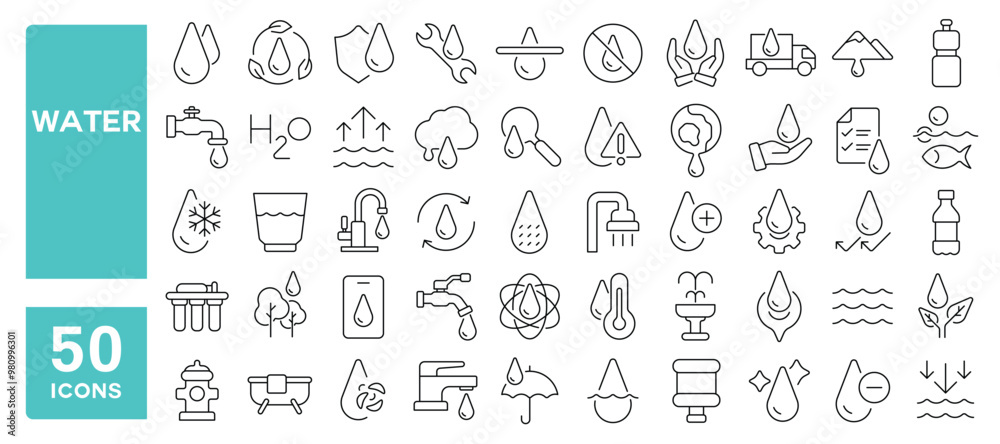 Set of 50 line icons related to water, drop, hydration, cycle, pure, natural, drinking, rain, tide, shower, plastic, bottle, faucet, tap, Editable stroke. Vector illustration