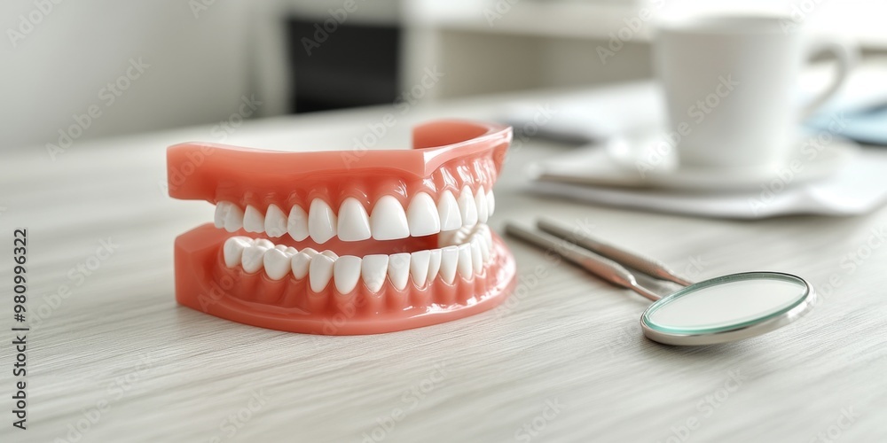 Mockup of a human jaw on a table in a dental office Mockup of a human jaw on a table in a dental office