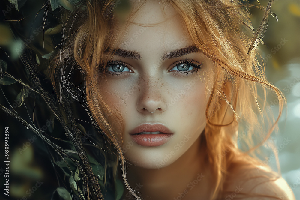 Fototapeta premium Beautiful portrait of young woman in forest